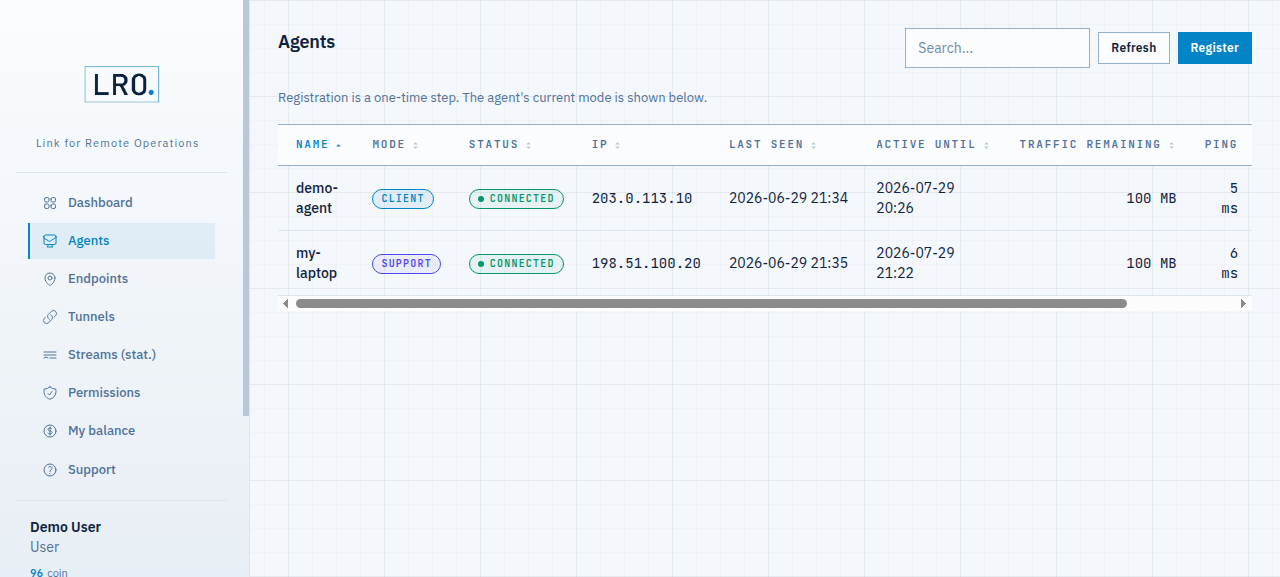 Agents table showing a Client agent and a Support agent, both Connected
