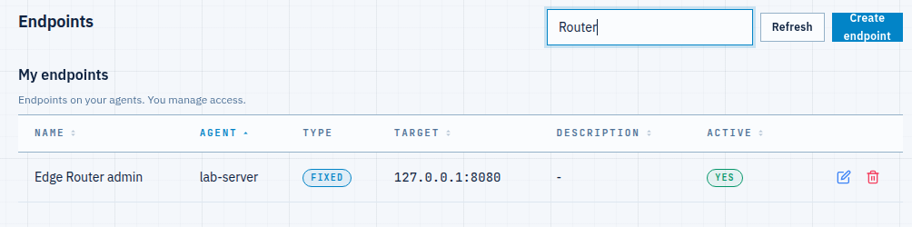 Endpoints list with an Edge Router admin endpoint on the client agent pointing at 127.0.0.1:8080